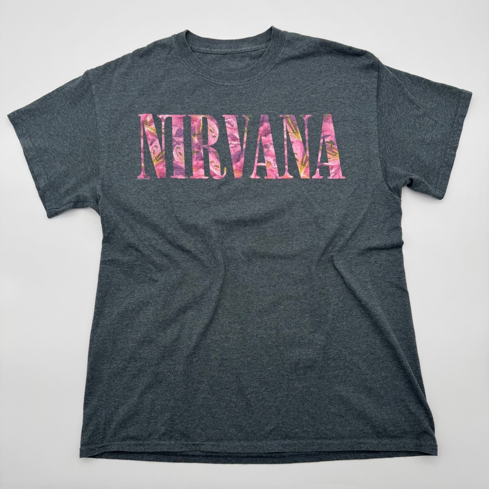 Nirvana Mens Floral Logo Graphic T-Shirt Charcoal Gray Pink Lily Band Tee S
